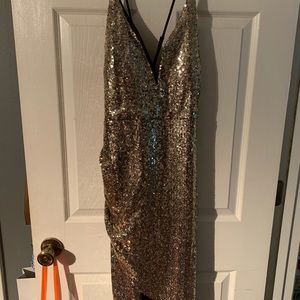 Deep V/ deep back, gold sequin party dress!